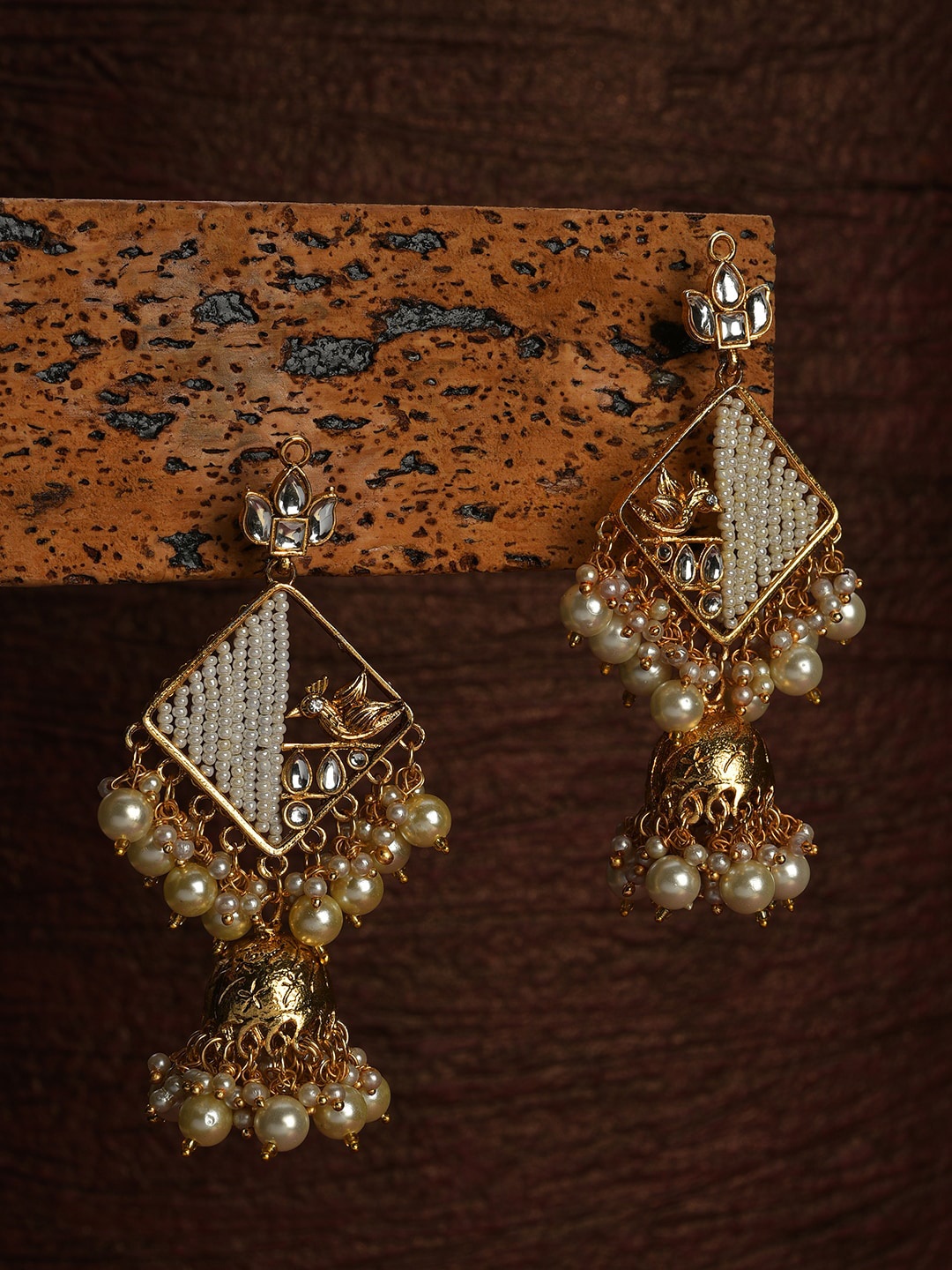 

SOHI Gold-Plated & White Geometric Jhumkas Earrings