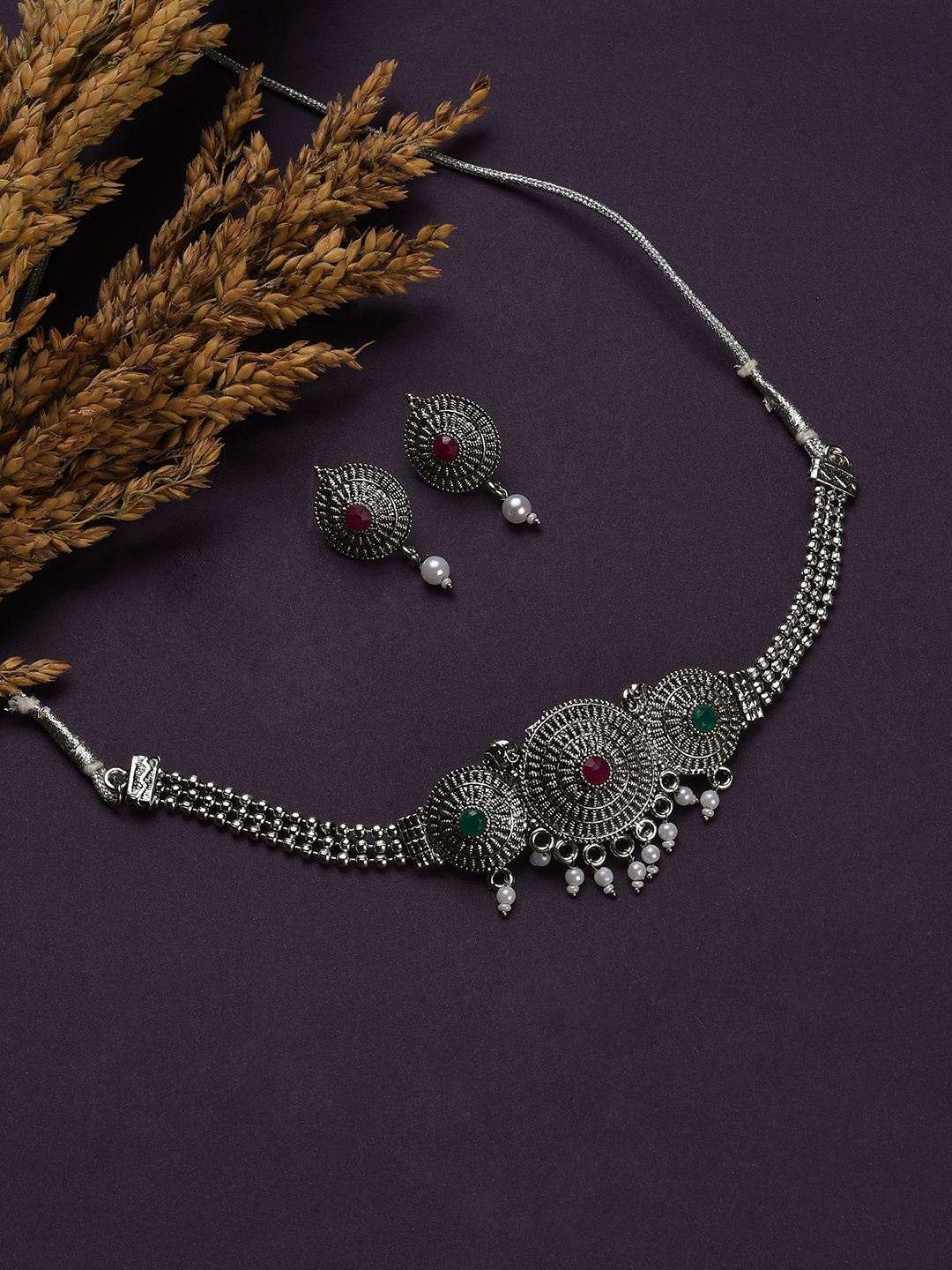 

SOHI Oxidised Silver-Plated Green & Pink Jewellery Set