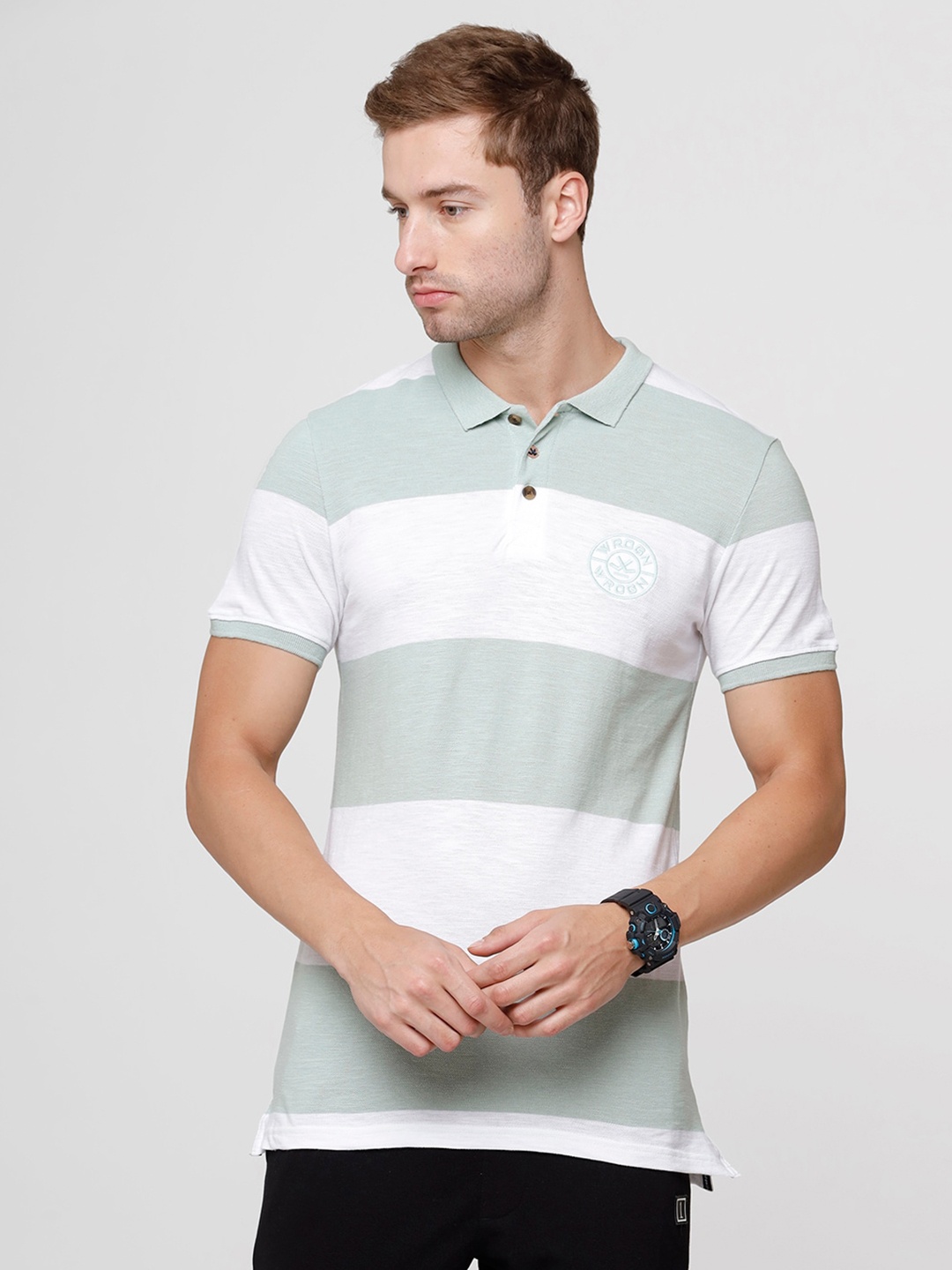 

WROGN Men Lime Green Striped Polo Collar Pure Cotton Slim Fit T-shirt