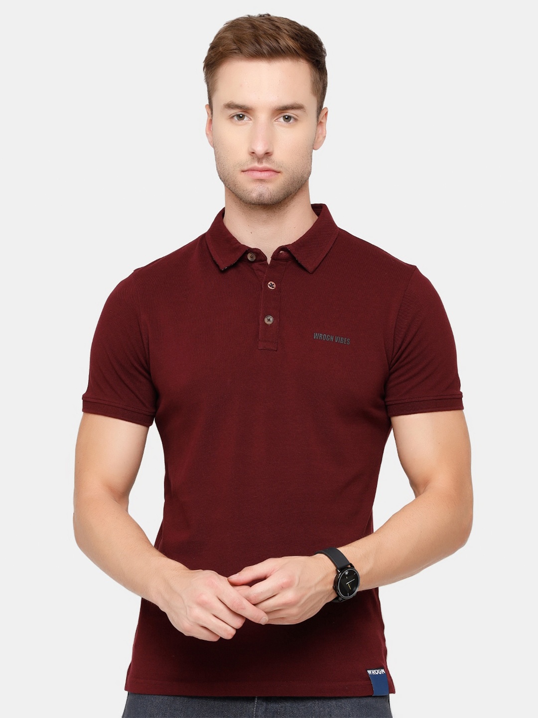 

WROGN Men Maroon Polo Collar Slim Fit Cotton T-shirt