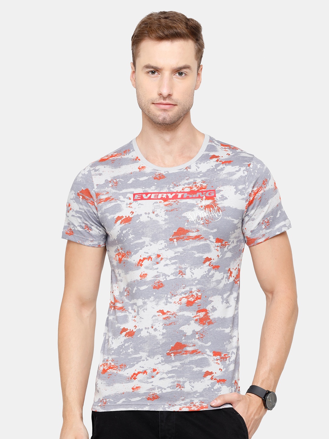 

WROGN Men Grey & Orange Printed Pure Cotton Slim Fit T-shirt