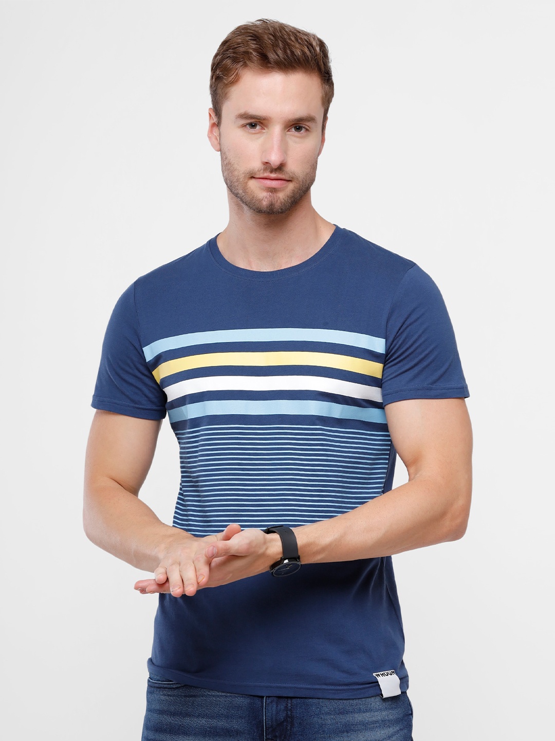 

WROGN Men Navy Blue Striped Pure Cotton Slim Fit T-shirt