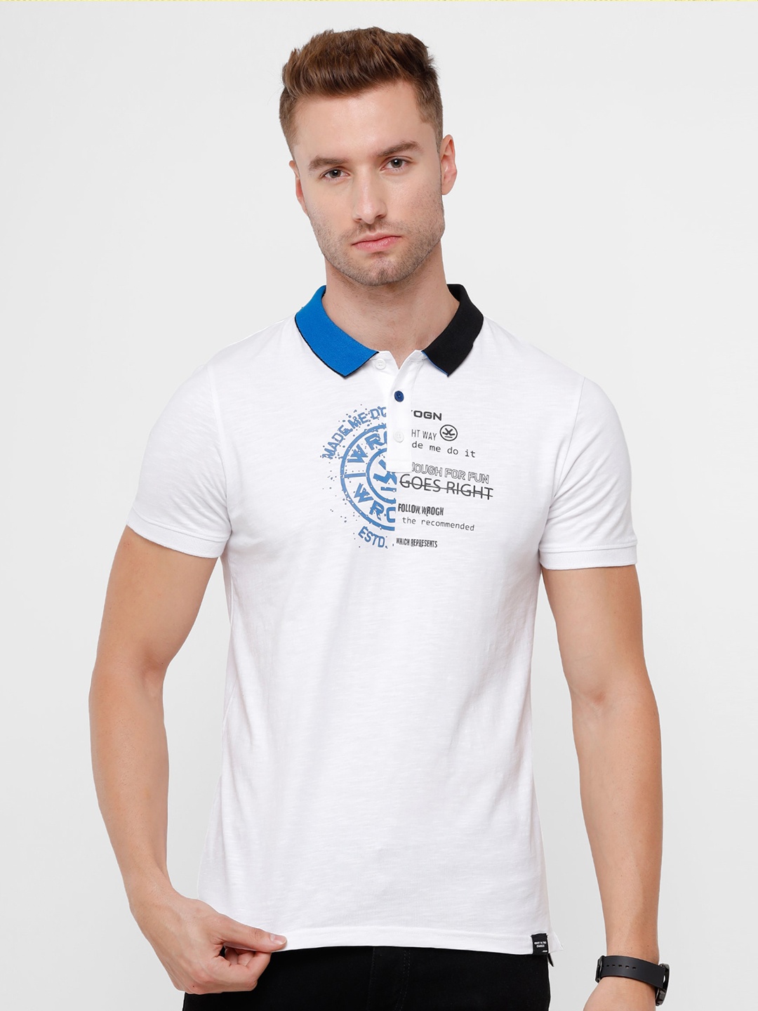 

WROGN Men White Typography Printed Polo Collar Slim Fit Cotton T-shirt