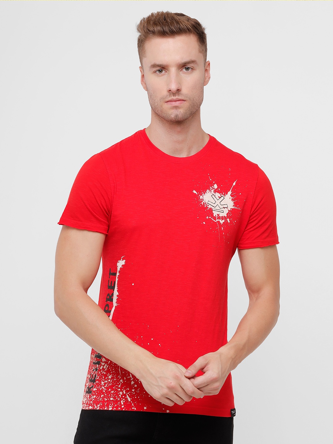 WROGN Men Red Typography Placement Printed Slim Fit Pure Cotton T-shirt