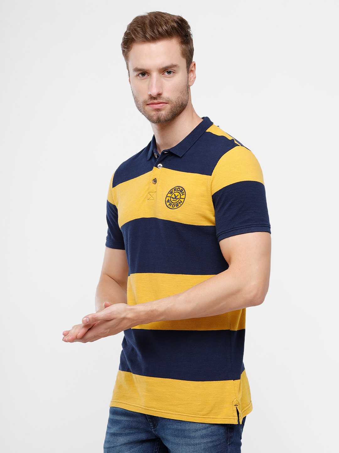 

WROGN Men Mustard Yellow & Navy Blue Striped Slim Fit Pure Cotton T-shirt