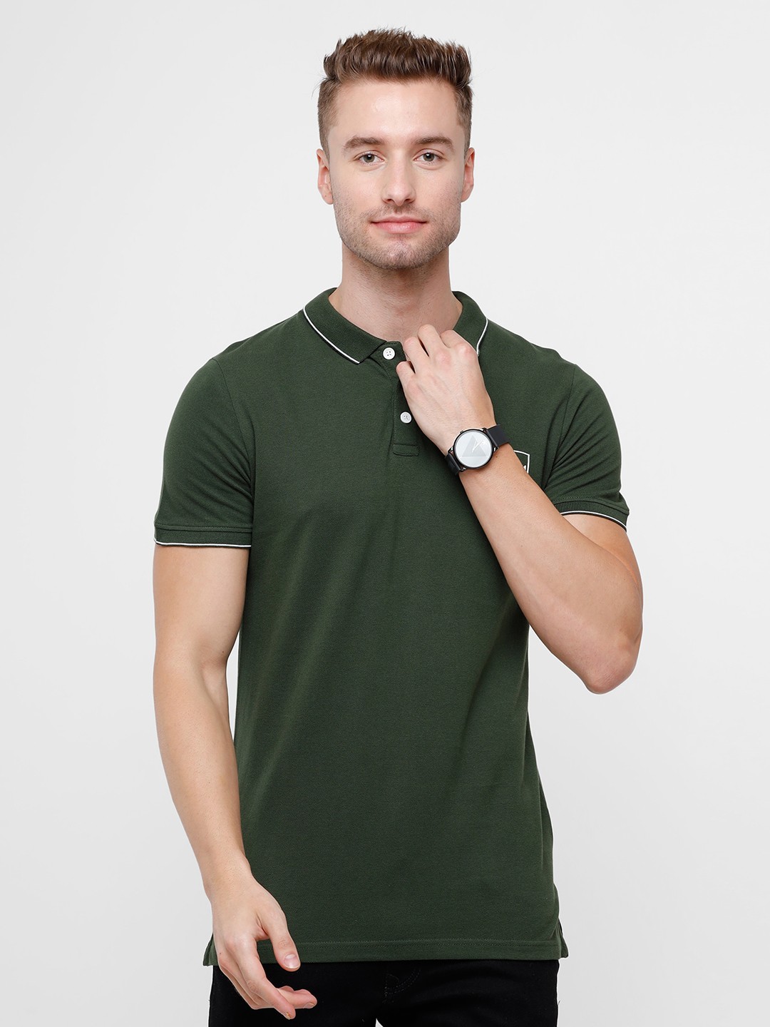 

WROGN Men Olive Green Polo Collar Slim Fit Cotton T-shirt