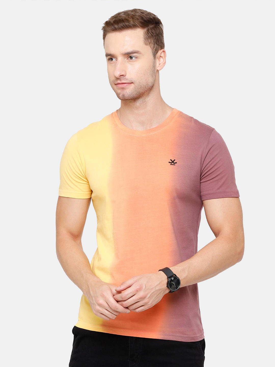 

WROGN Men Pink & Yellow Colourblocked Slim Fit T-shirt