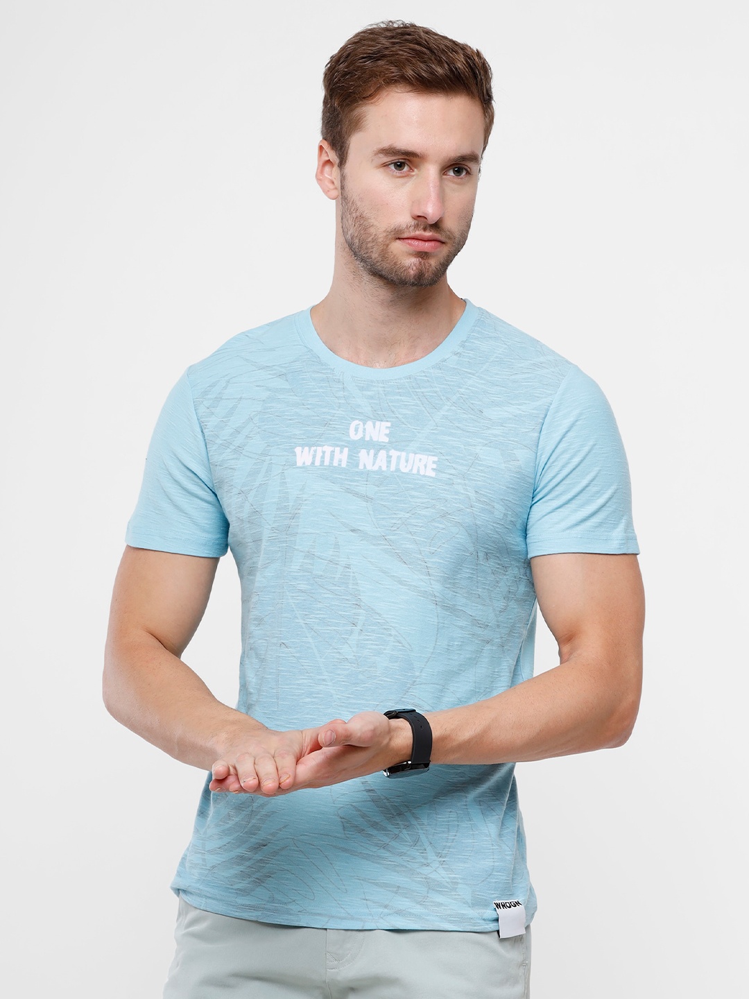 

WROGN Men Blue Printed Slim Fit T-shirt