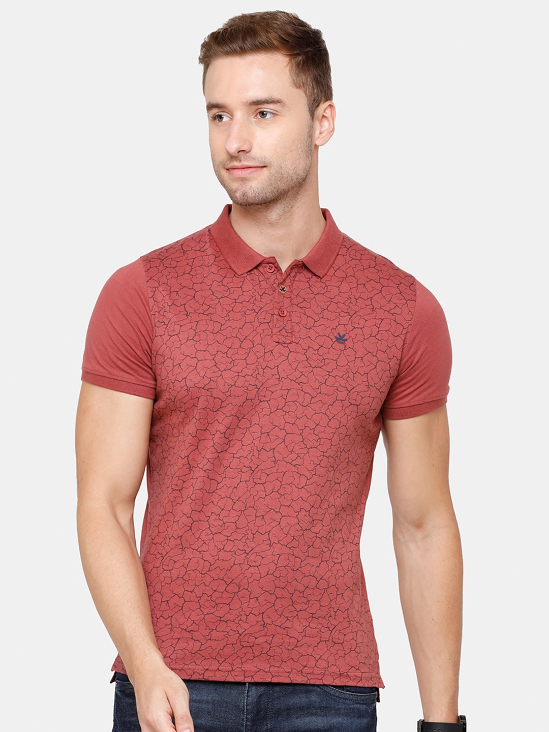 

WROGN Men Rust Abstract Printed Polo Collar Slim Fit Pure Cotton T-shirt