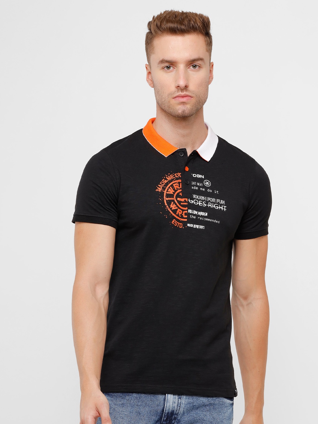 

WROGN Men Black Typography Printed Polo Collar Slim Fit Pure Cotton T-shirt