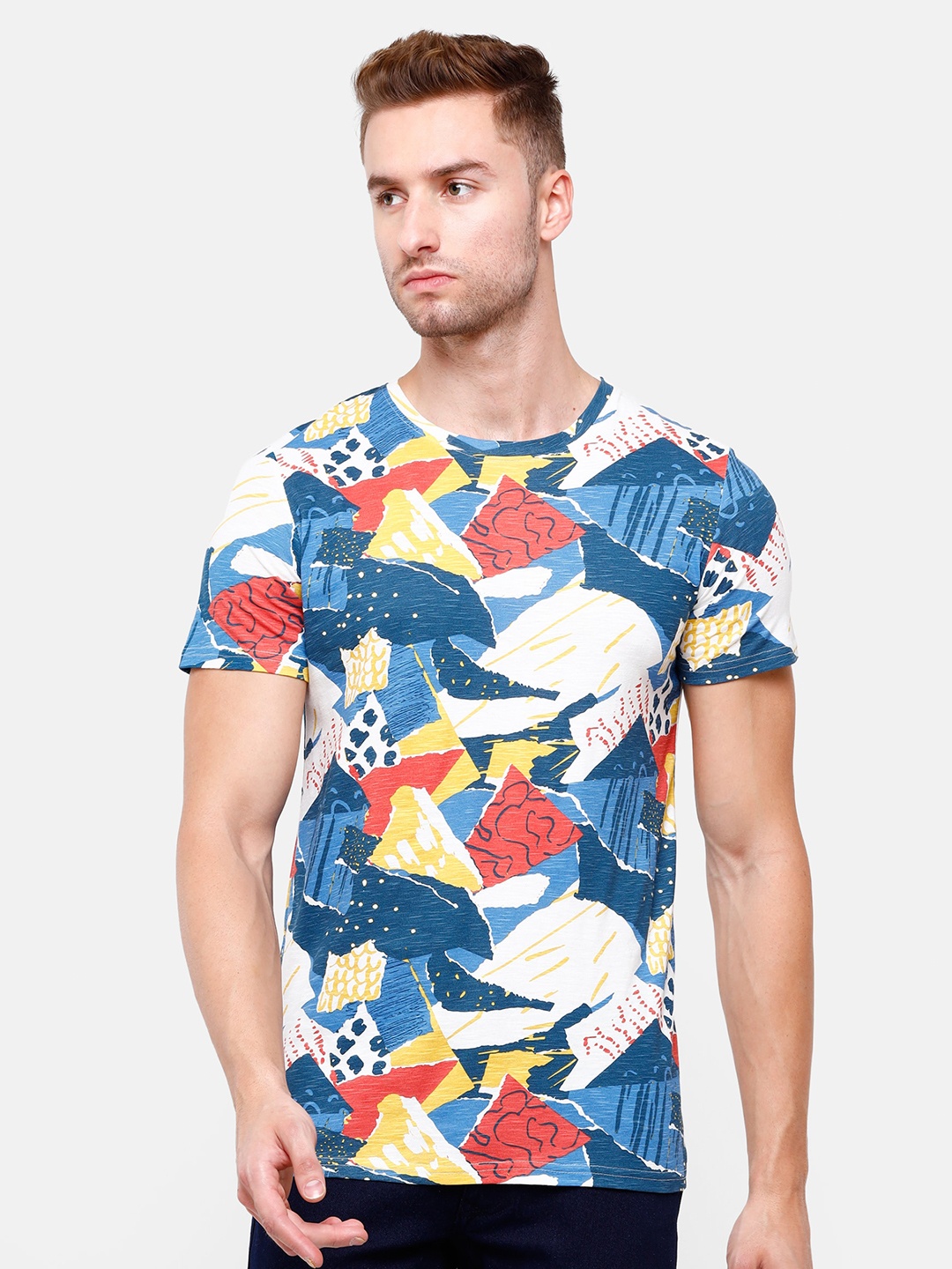 

WROGN Men Multicoloured Printed Slim Fit Pure Cotton T-shirt, Multi