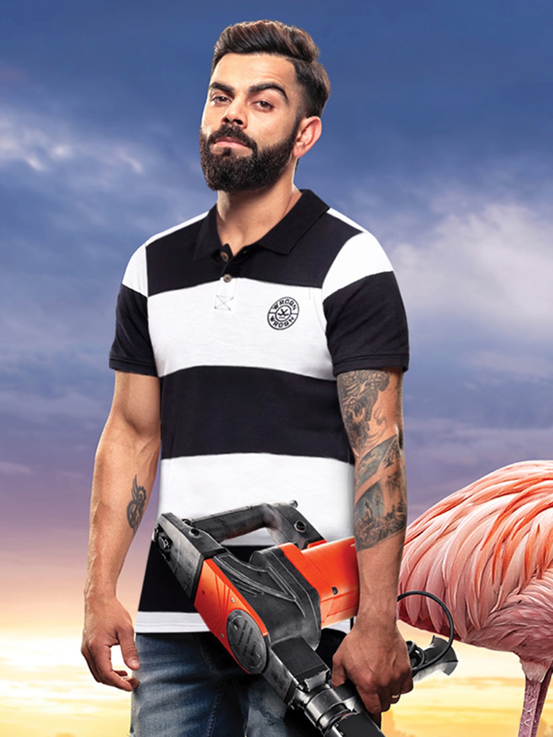 

WROGN Men White & Black Striped Polo Collar Cotton Slim Fit T-shirt