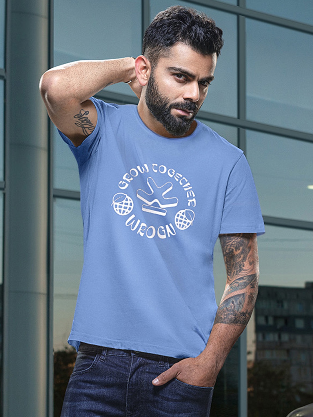 

WROGN Men Blue Printed Slim Fit T-shirt
