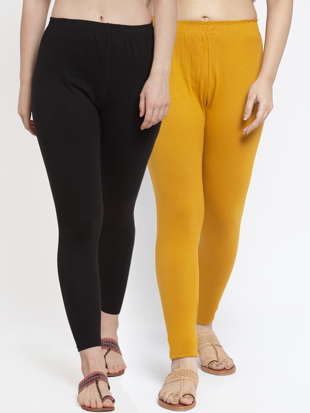 

Jinfo Women Pack Of 2 Yellow & Black Solid Cotton Ankle-Length Leggings