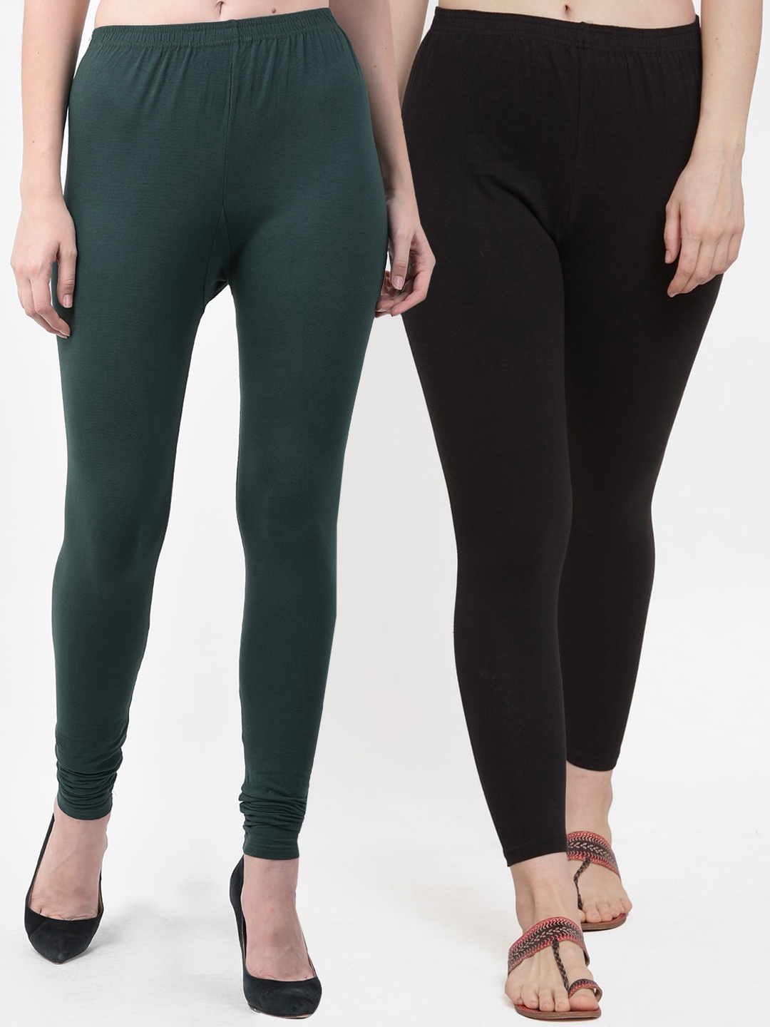 

Jinfo Women Pack Of 2 Solid Ankle-Length Cotton Lycra Leggings, Black
