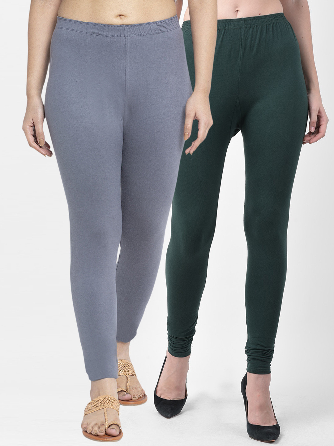 

Jinfo Women Pack Of 2 Grey & Green Solid Ankle-Length Leggings
