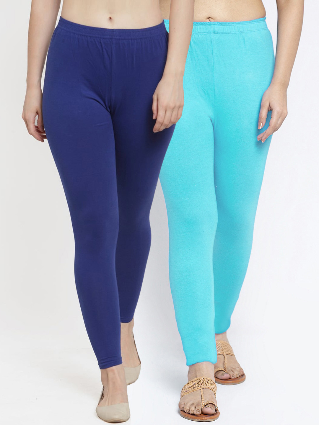

Jinfo Women Pack Of 2 Solid Ankle-Length Cotton Lycra Leggings, Blue