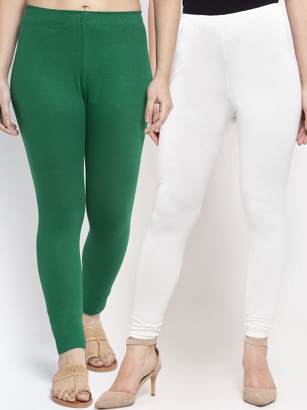 

Jinfo Women Pack Of 2 White & Green Solid Cotton Ankle-Length Leggings