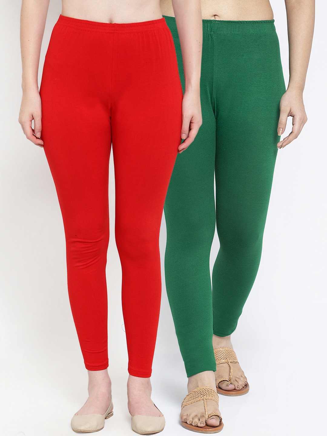 

Jinfo Women Pack Of 2 Red and Green Solid Ankle-Length Leggings