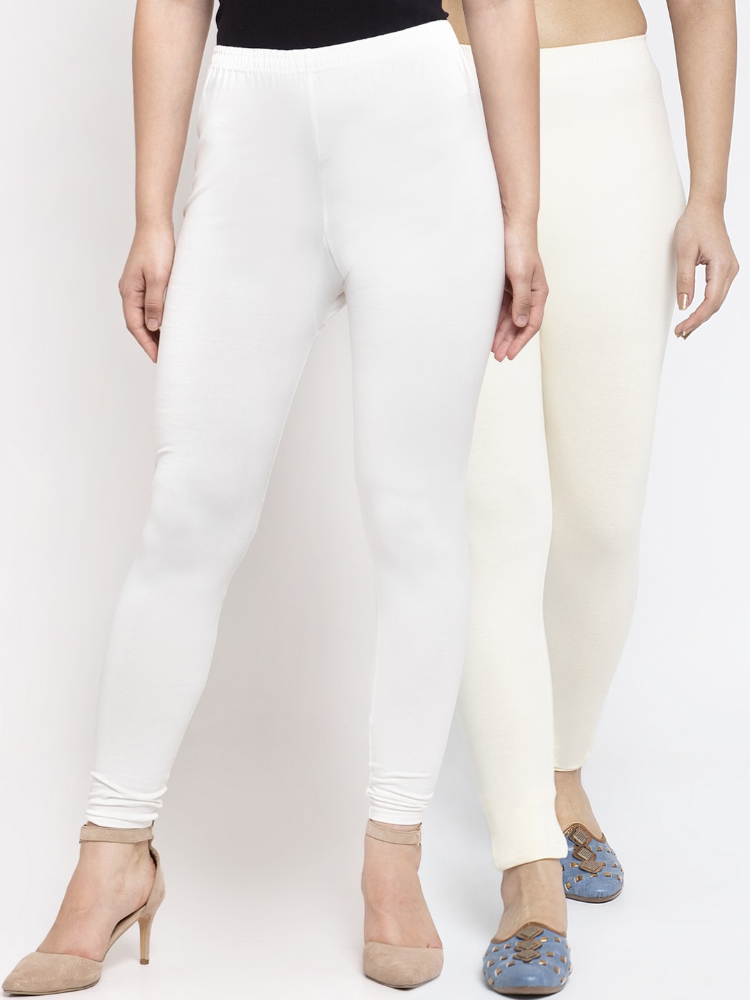 

Jinfo Women Pack of 2 White & Off White Solid Ankle Length Leggings