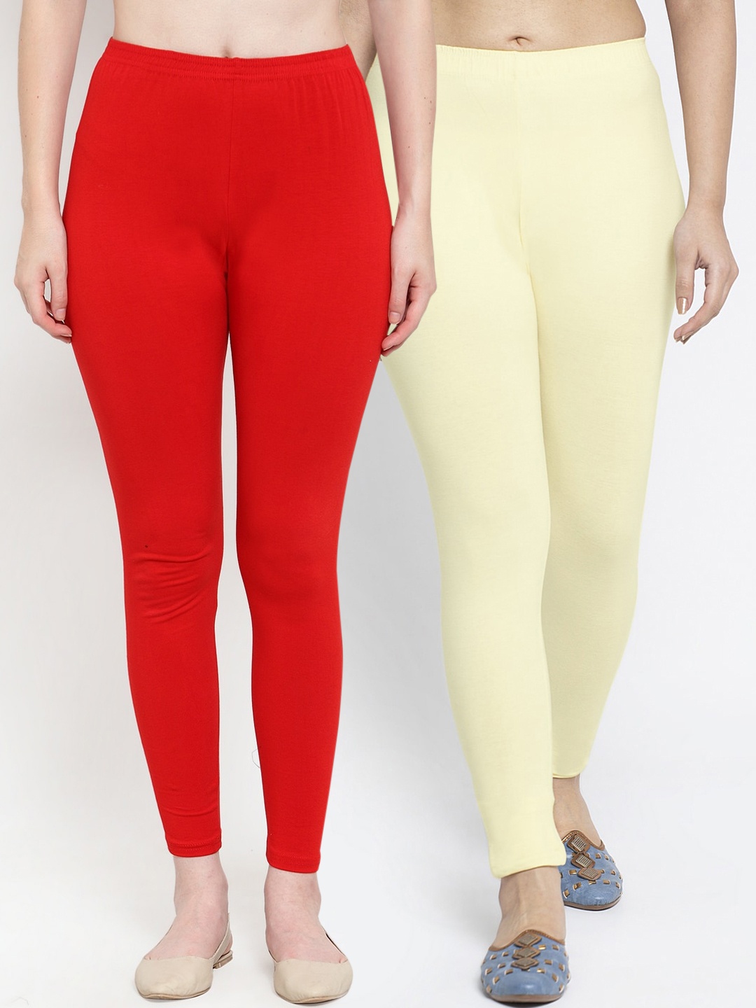 

Jinfo Women Pack Of 2 Red & Cream-Coloured Solid Ankle-Length Leggings