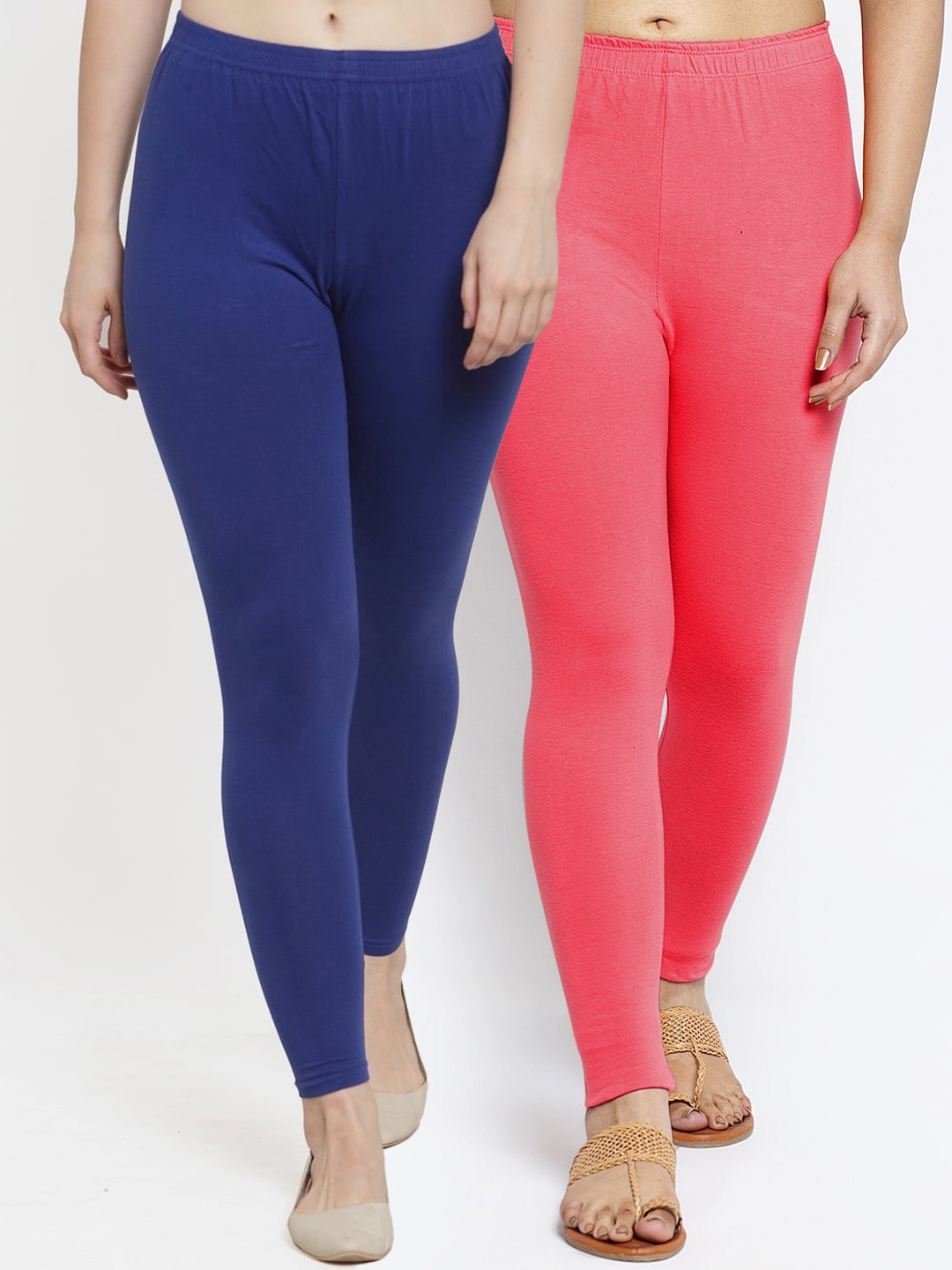 

Jinfo Women Pack Of 2 Blue & Peach-Coloured Solid Cotton Ankle-Length Leggings