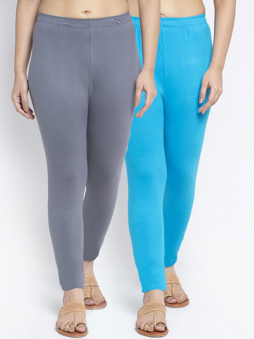 

Jinfo Women Pack Of 2 Grey & Blue Solid Ankle-Length Leggings