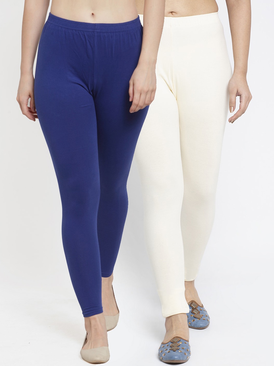 

Jinfo Women Pack Of 2 Blue Off & White Solid Ankle-Length Leggings