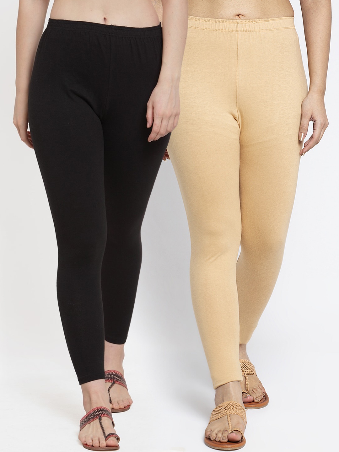 

Jinfo Women Pack Of 2 Black & Cream Solid Cotton Ankle-Length Leggings
