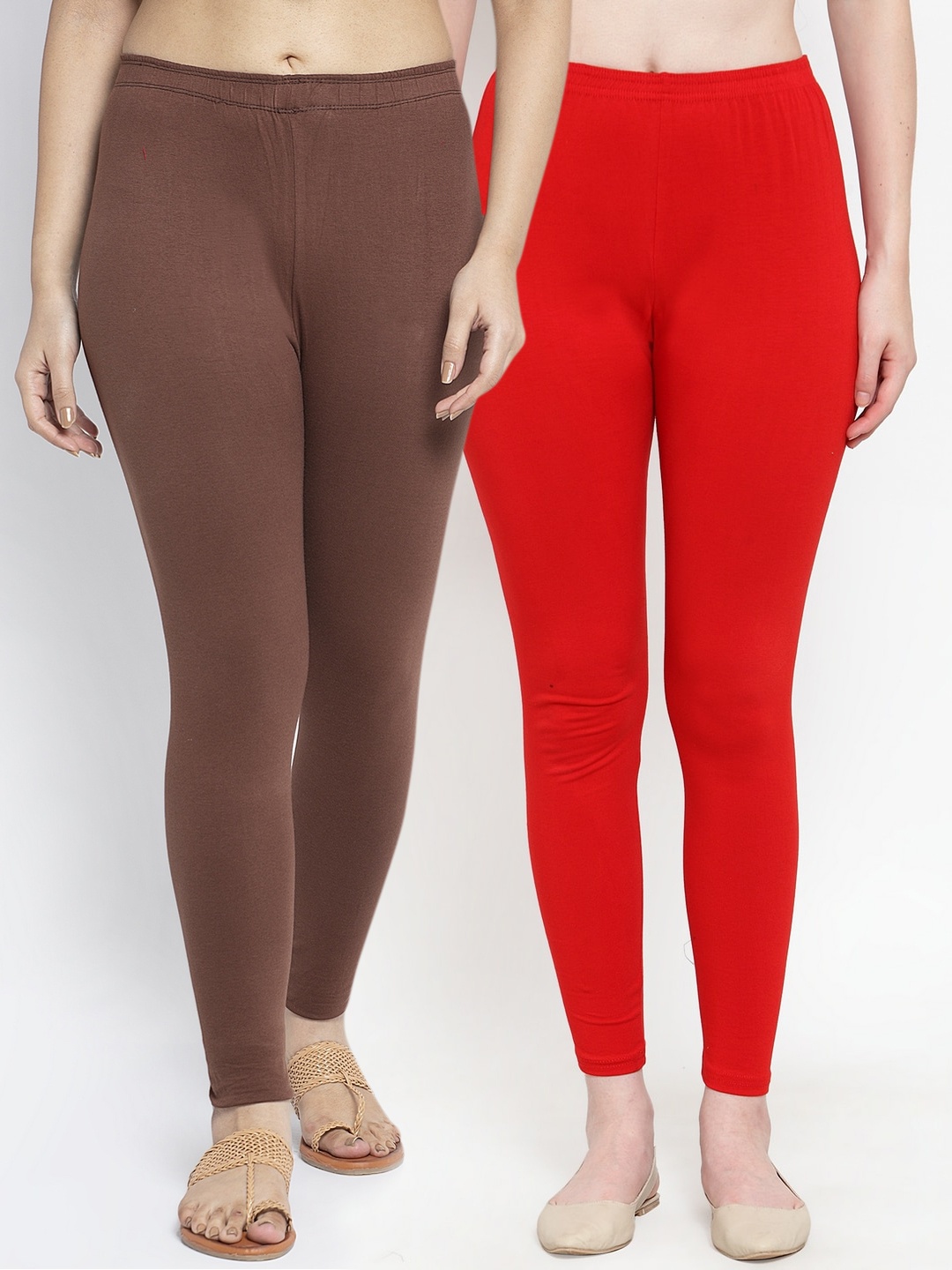 

Jinfo Women Pack of 2 Solid Ankle Length Cotton Lycra Leggings, Red