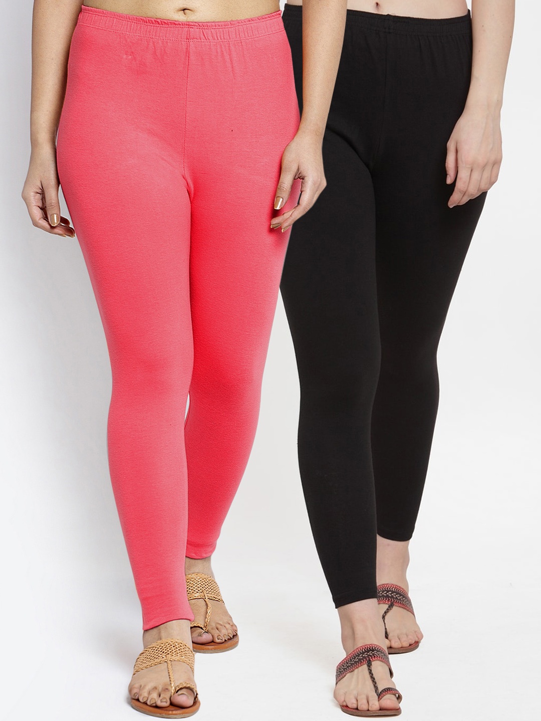 

Jinfo Women Pack Of 2 Black & Coral Pink Solid Ankle-Length Leggings