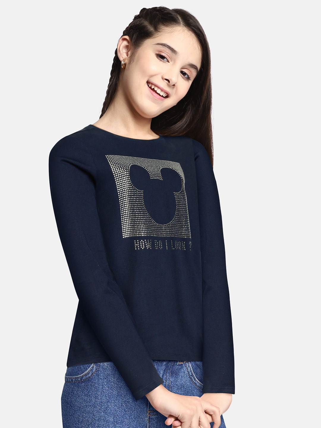 

Allen Solly Junior Girls Navy Blue Mickey Mouse Pure Cotton T-shirt