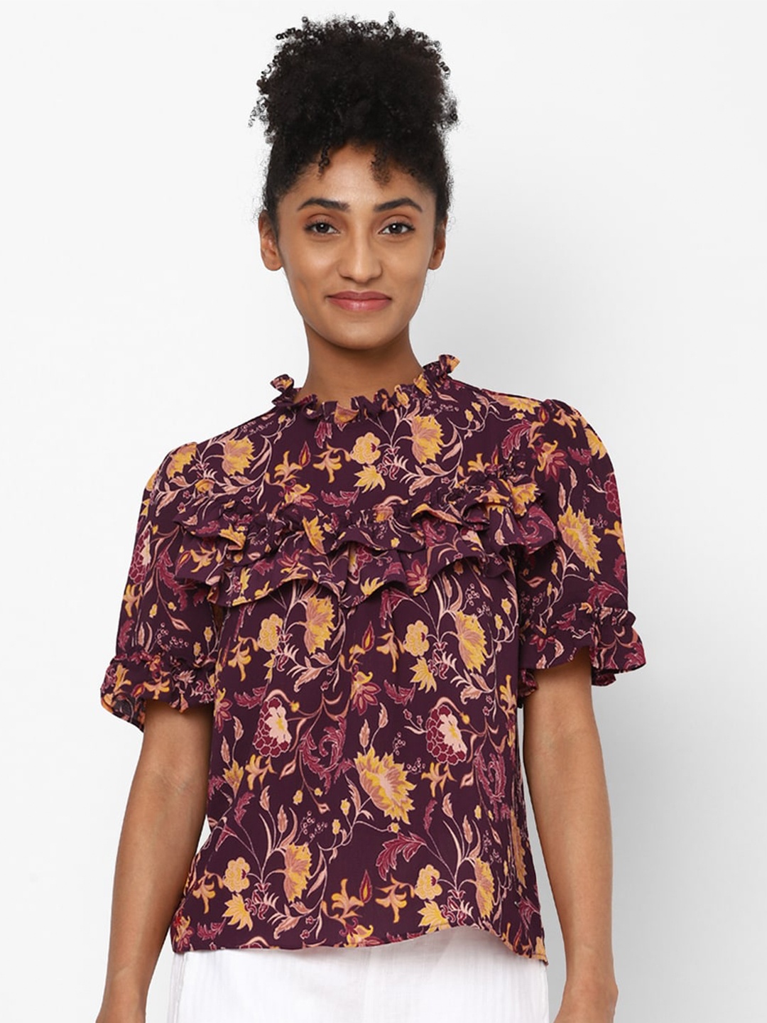 

Allen Solly Woman Purple Floral Print Keyhole Neck Top