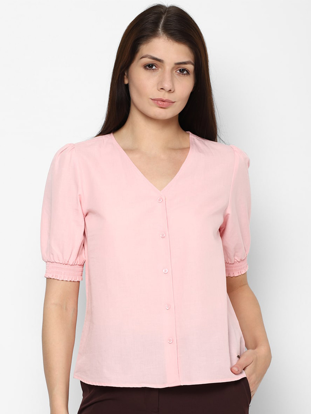 

Allen Solly Woman Pink Puff Sleeves Cotton Linen Shirt Style Top