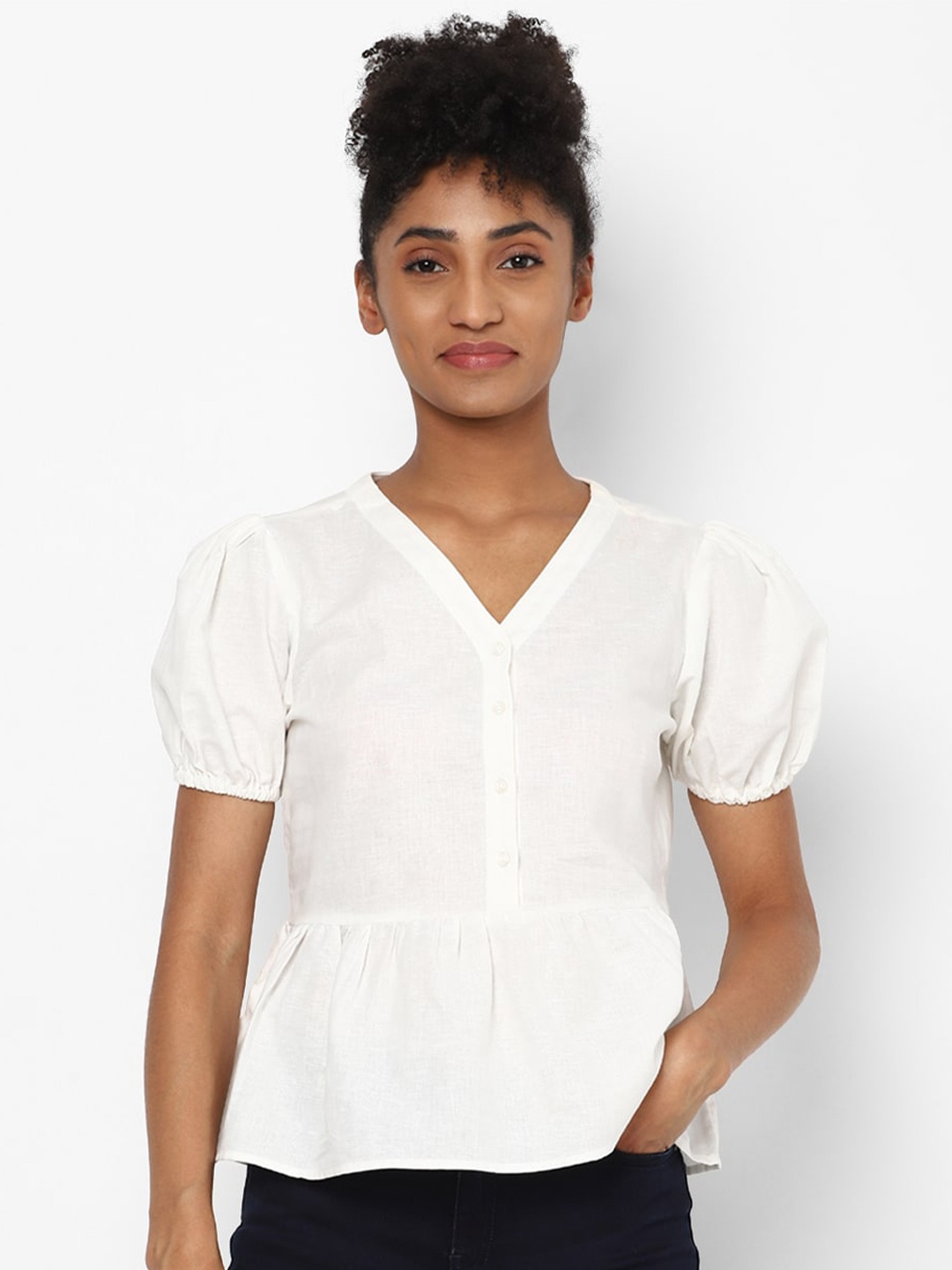 

Allen Solly Woman White Puff Sleeves Cinched Waist Top