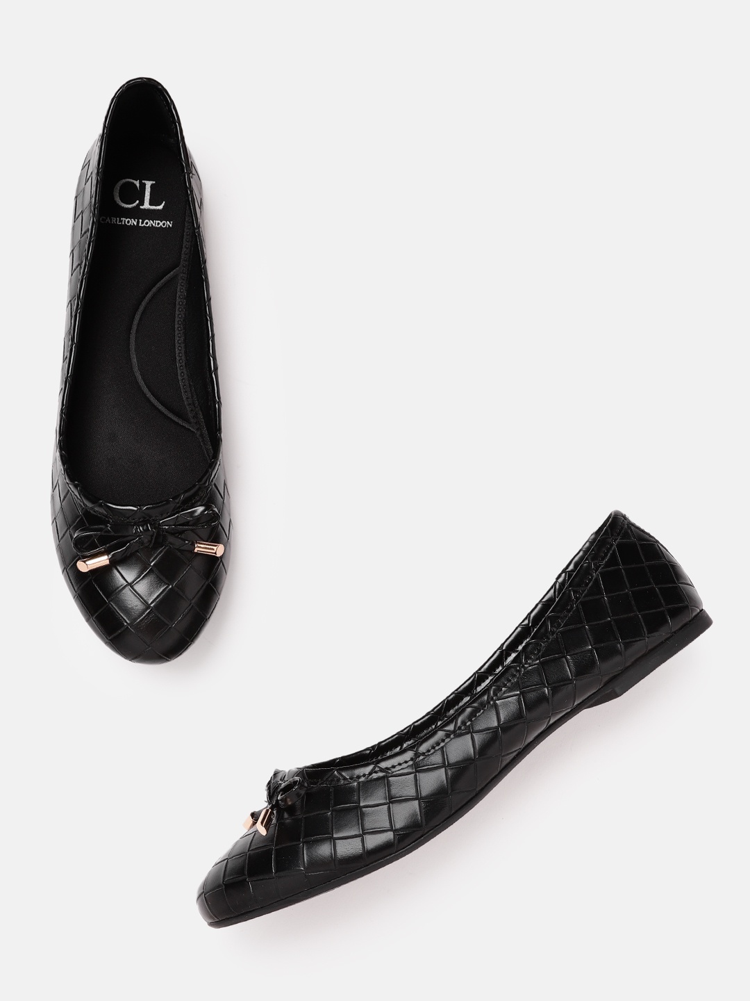 

Carlton London Women Black Basketweave Textured Ballerinas with Bows