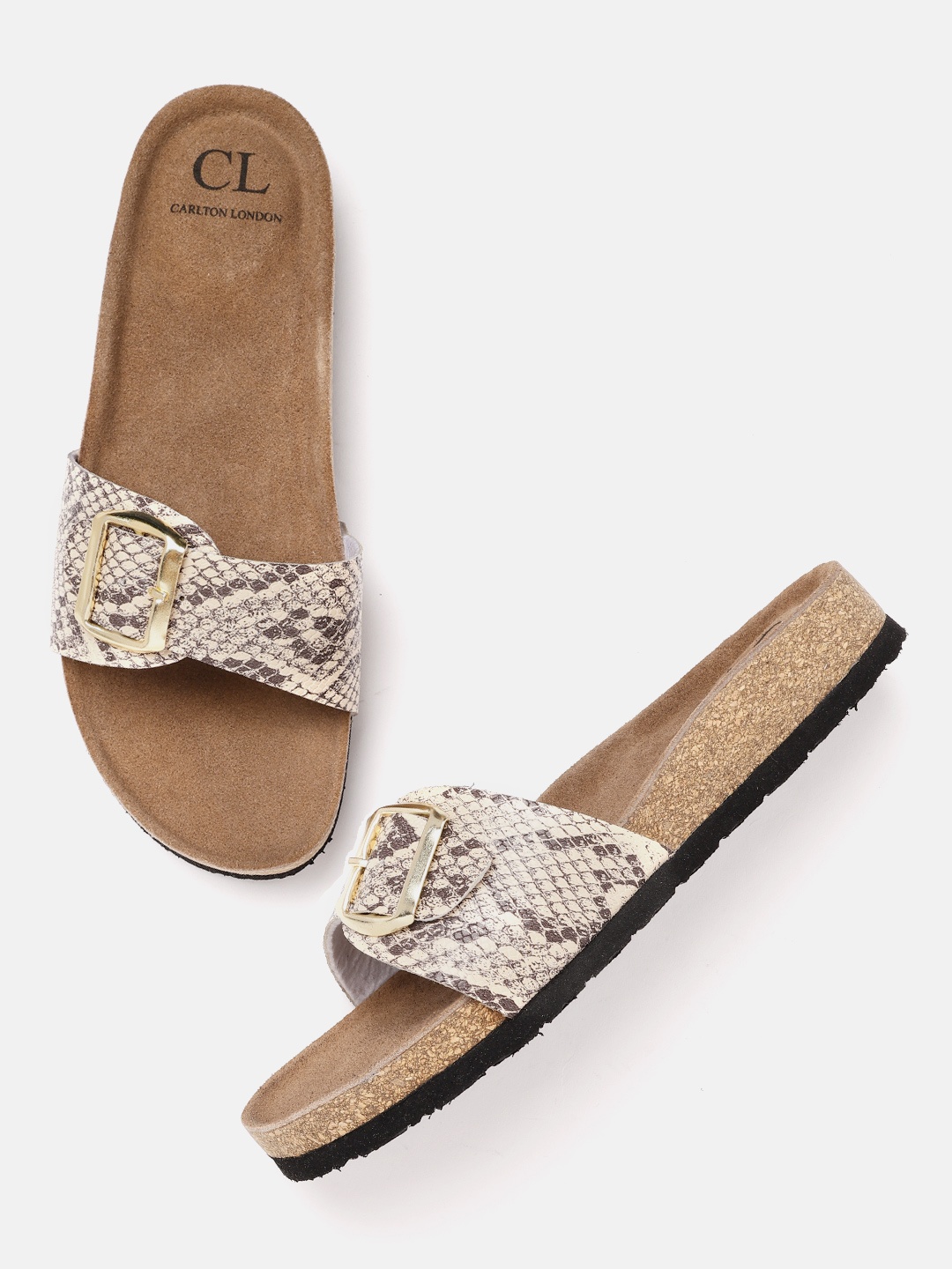 

Carlton London Women Brown & Beige Snakeskin Textured Open Toe Flats with Buckles