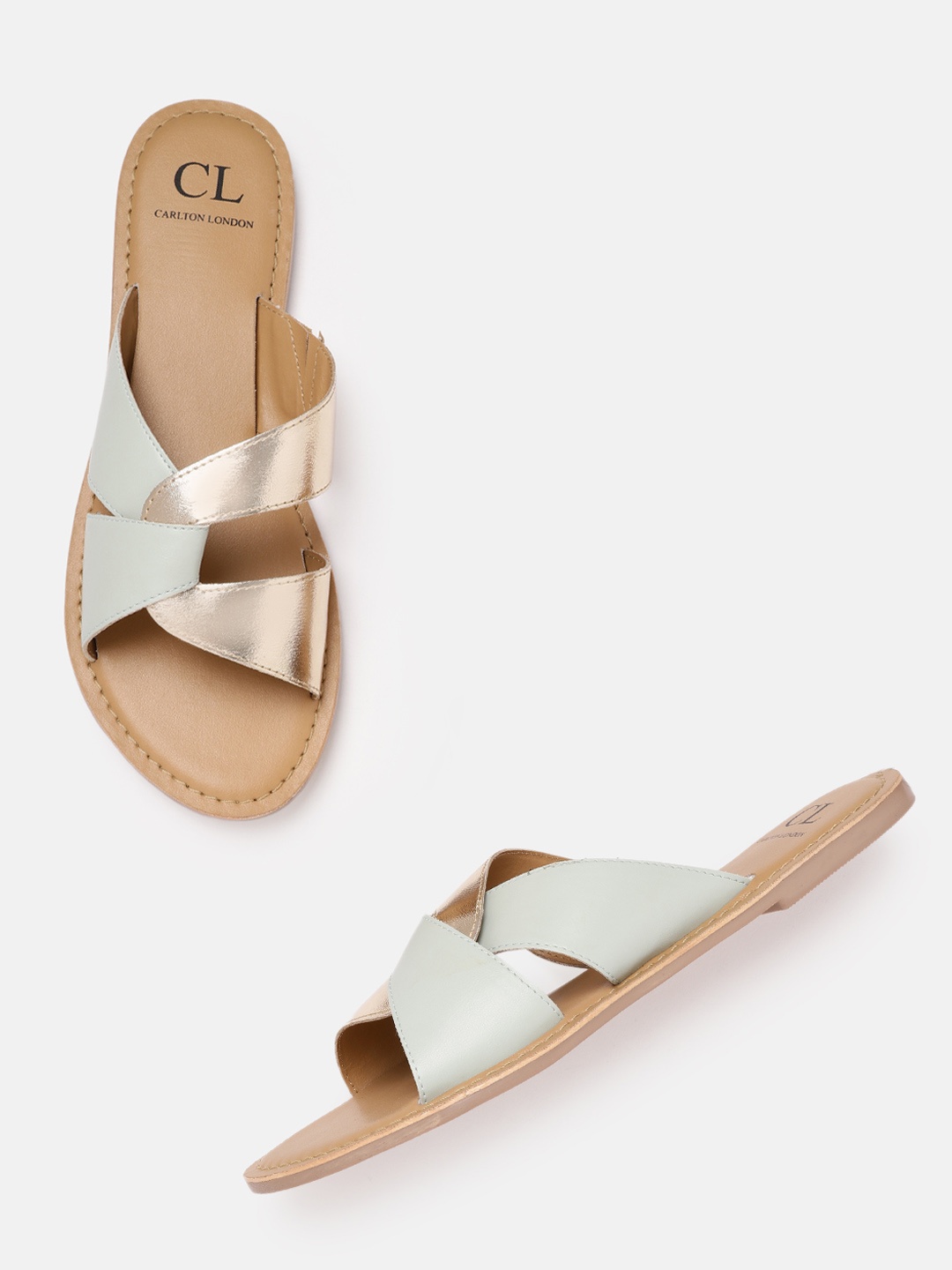 

Carlton London Women Gold-Toned & Sage Green Colourblocked Open Toe Flats