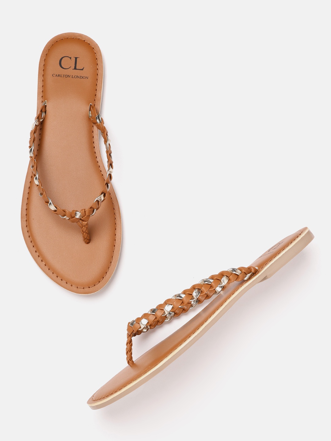 

Carlton London Women Tan & Gold-Toned Braided Open Toe Flats