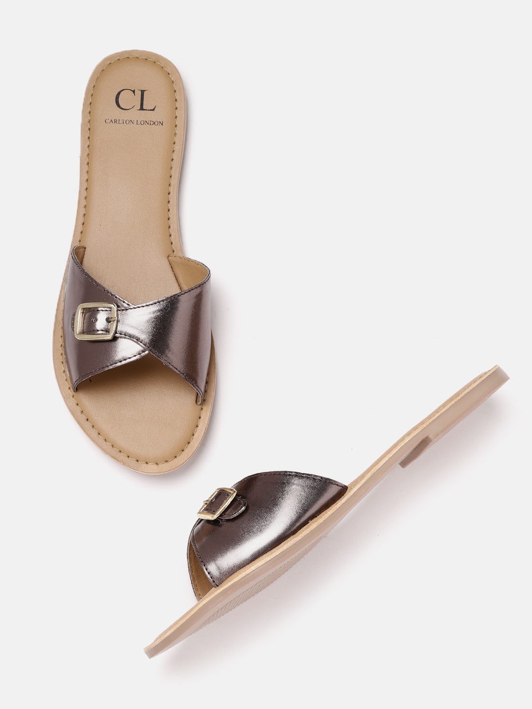 

Carlton London Women Gunmetal-Toned Open Toe Flats with Buckles, Metallic
