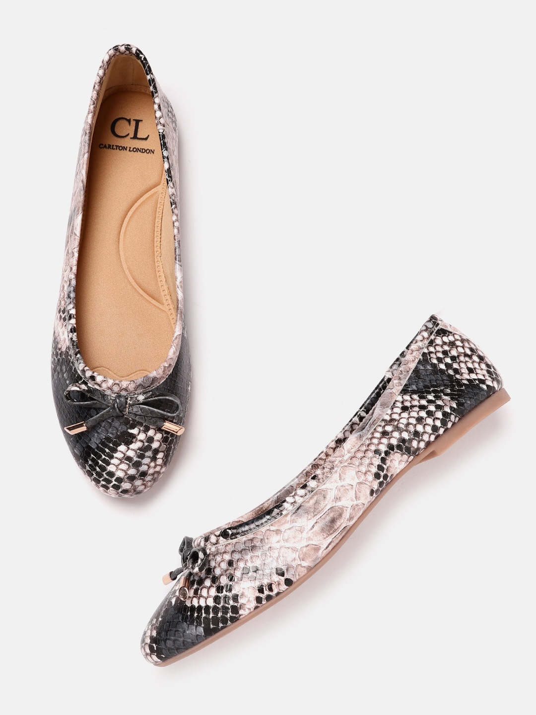 

Carlton London Women Charcoal Grey & Beige Snakeskin Textured Ballerinas with Bows