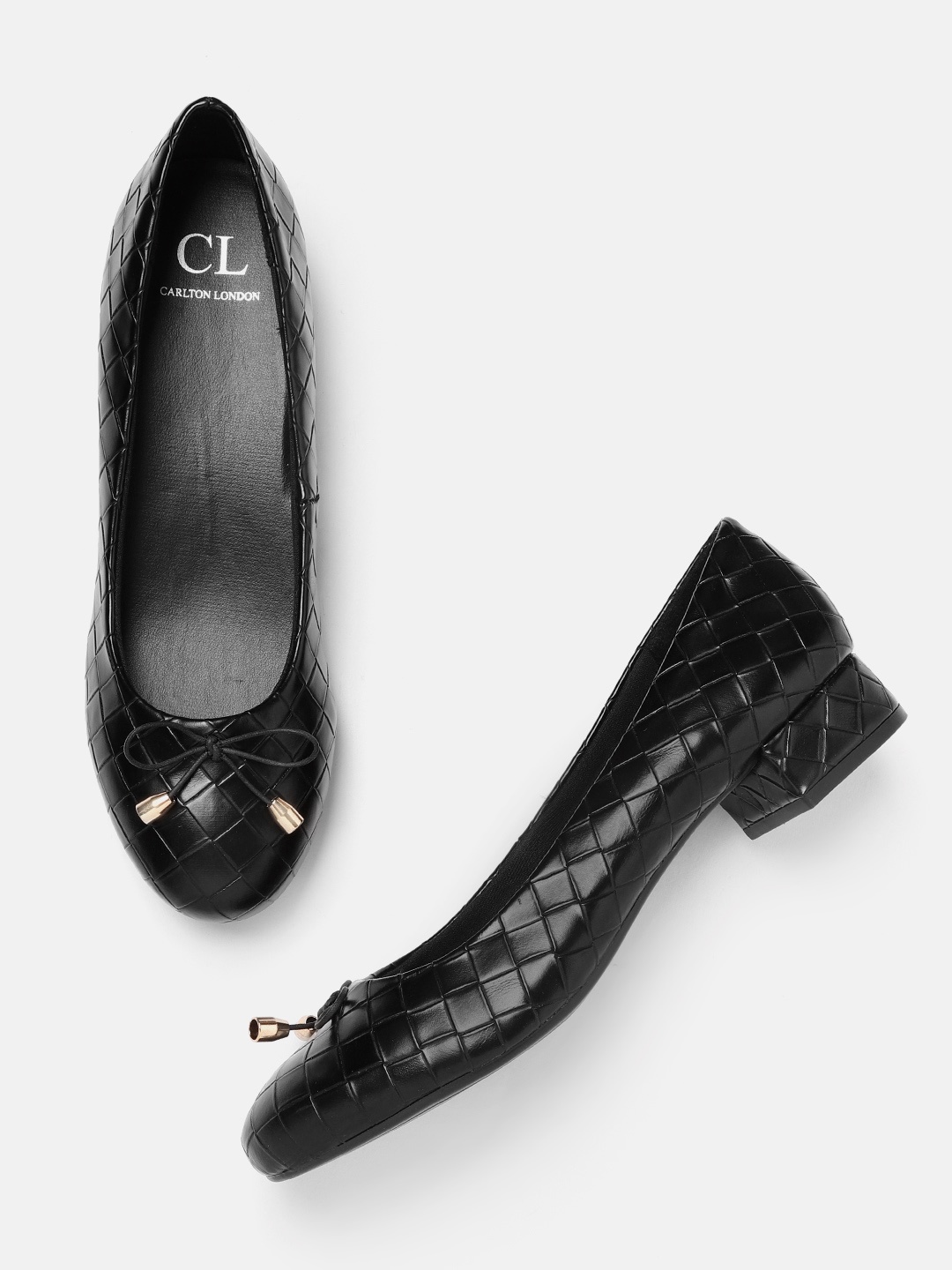 

Carlton London Black Basketweave Texture Pumps with Bow Detail