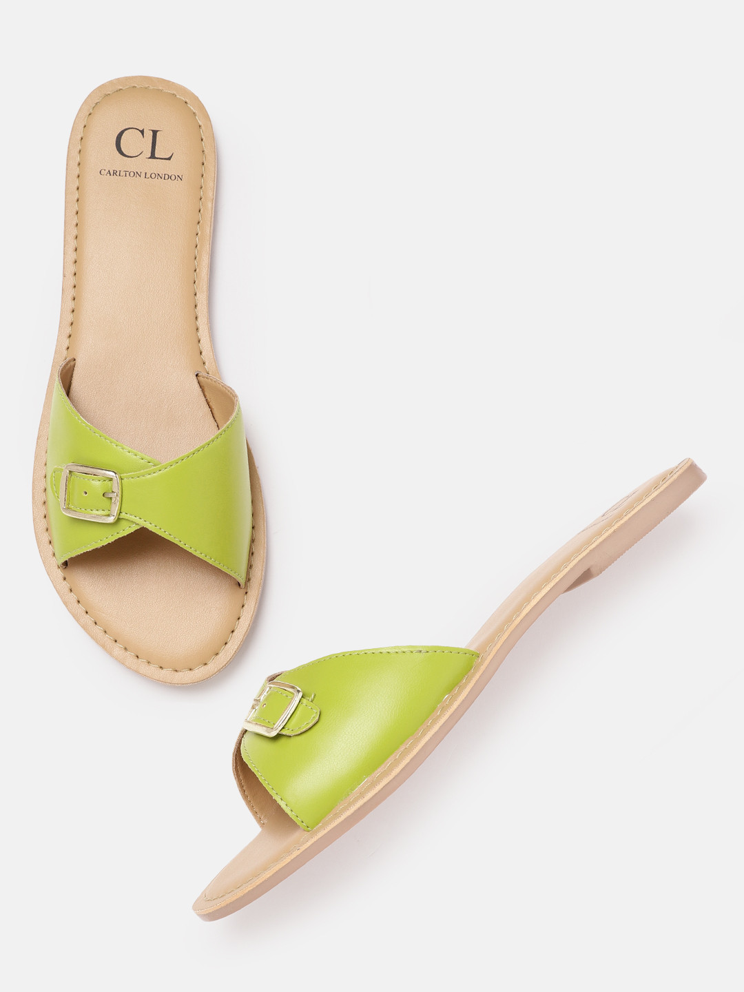 

Carlton London Women Lime Green Solid Open Toe Flats with Buckle Detail