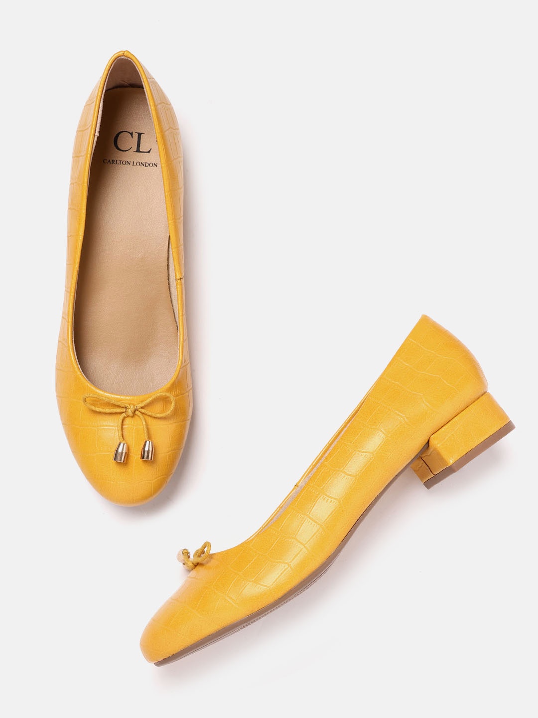 

Carlton London Mustard Yellow Croc Textured Pumps with Bow Detail