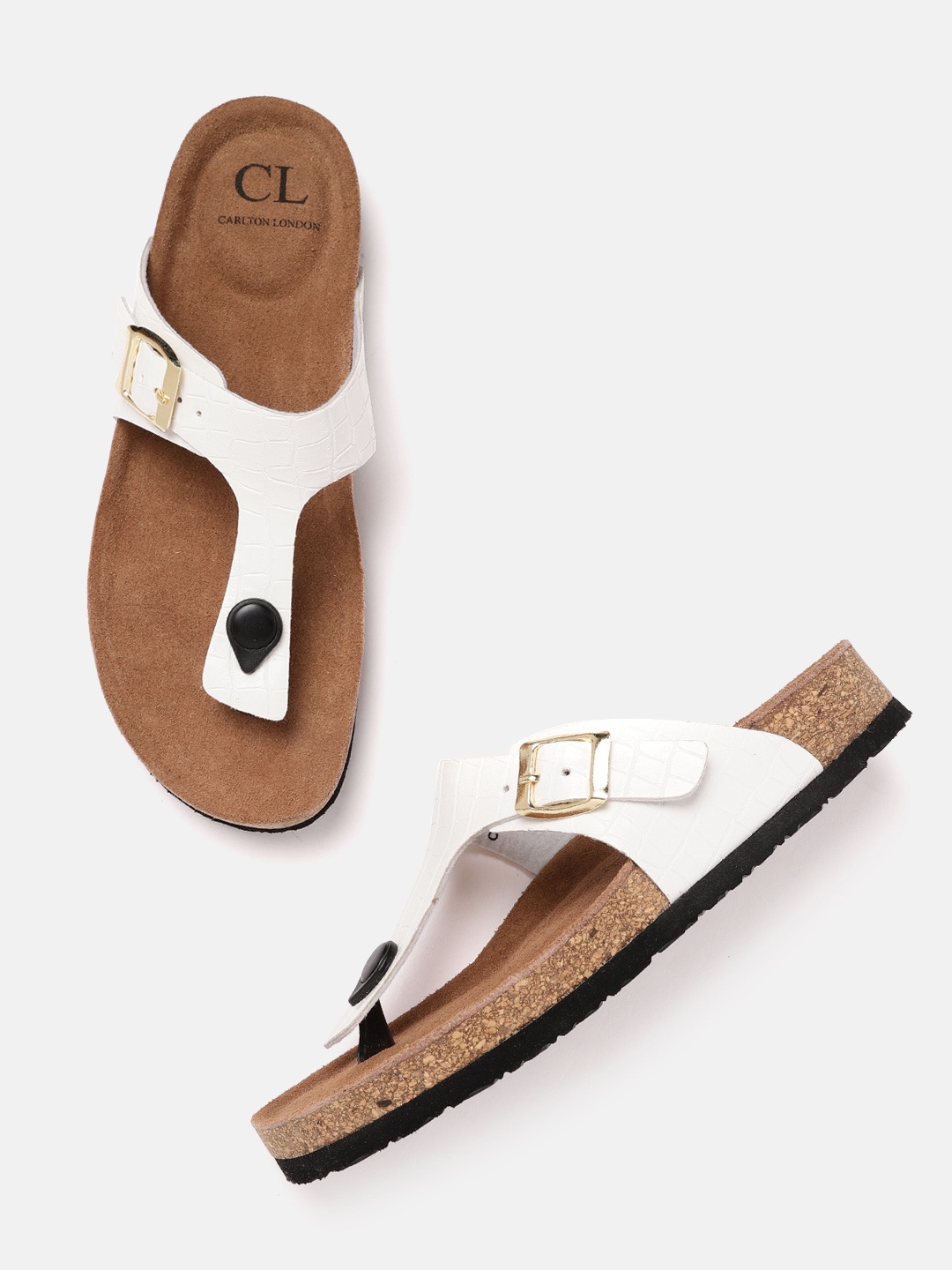 

Carlton London Women White Croc Textured T-Strap Flats with Buckle Detail
