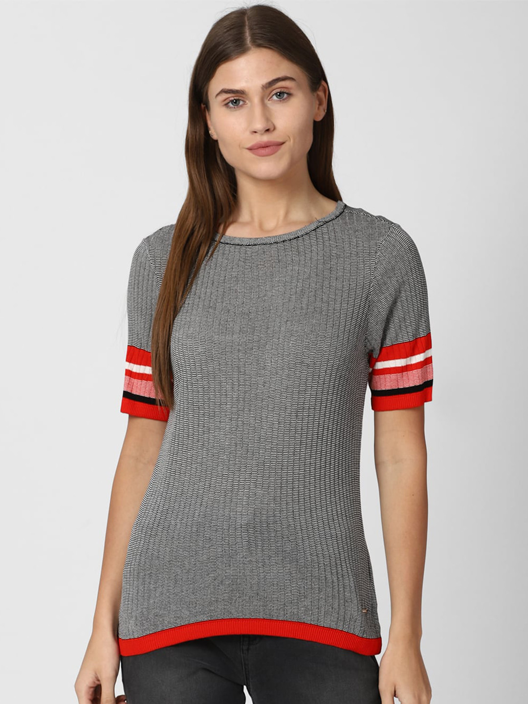 

Van Heusen Woman Grey & Red Striped Top