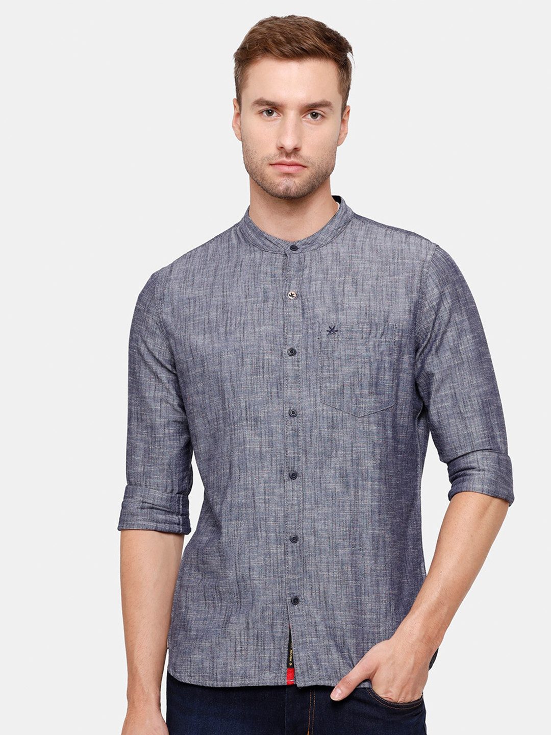 

WROGN Men Grey Slim Fit Cotton Casual Shirt With Chambray Weave