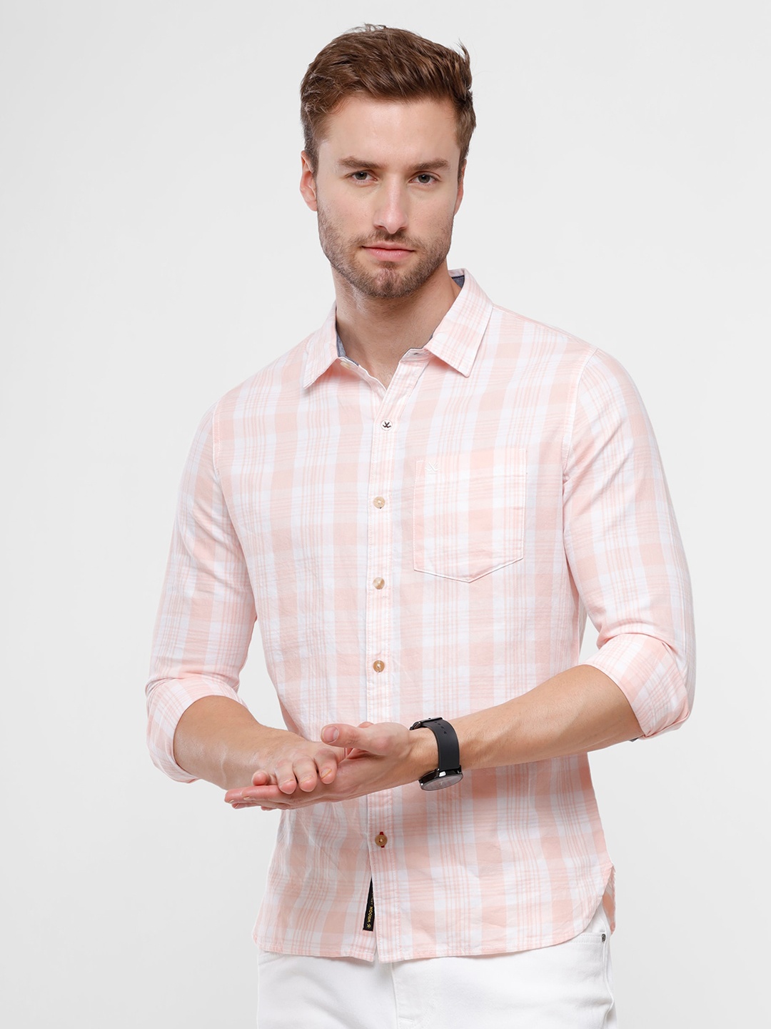 

WROGN Men Pink Slim Fit Pure Cotton Checked Casual Shirt