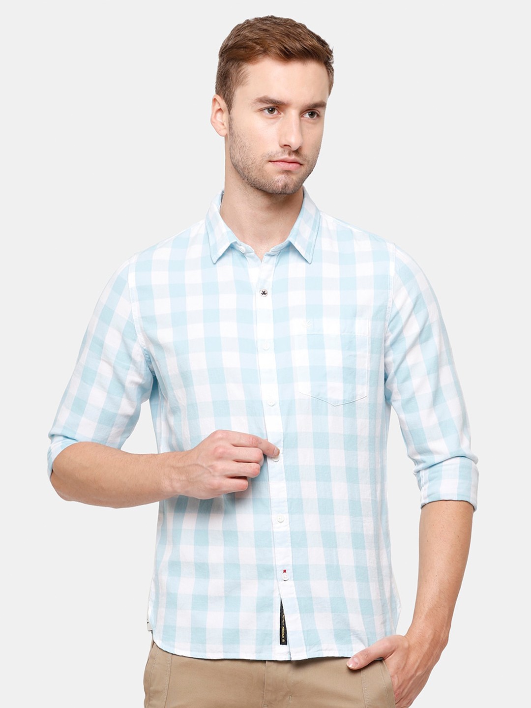 

WROGN Men Blue Slim Fit Gingham Checked Pure Cotton Casual Shirt