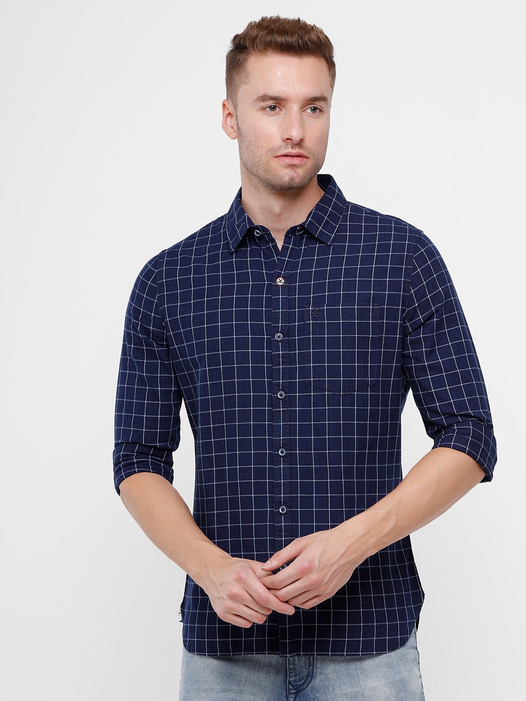 

WROGN Men Blue Slim Fit Grid Tattersall Checks Cotton Casual Shirt